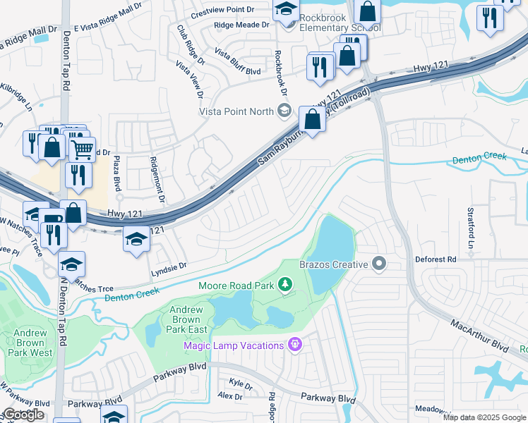 map of restaurants, bars, coffee shops, grocery stores, and more near 707 Rockcrest Drive in Coppell