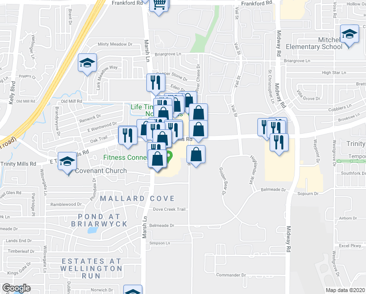 map of restaurants, bars, coffee shops, grocery stores, and more near 2828 East Trinity Mills Road in Carrollton