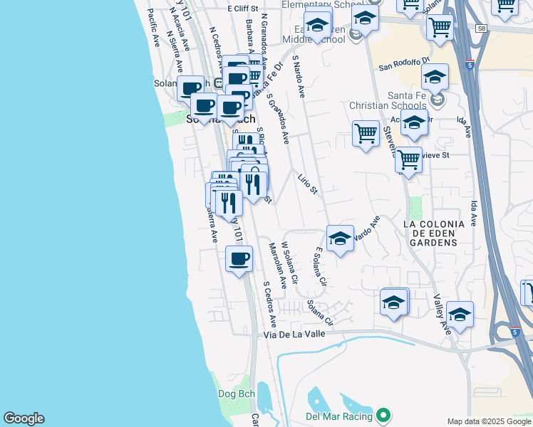 map of restaurants, bars, coffee shops, grocery stores, and more near 507 South Rios Avenue in Solana Beach