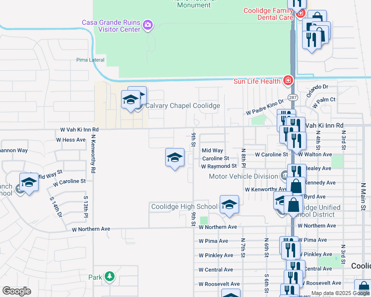 map of restaurants, bars, coffee shops, grocery stores, and more near 971 9th Street in Coolidge