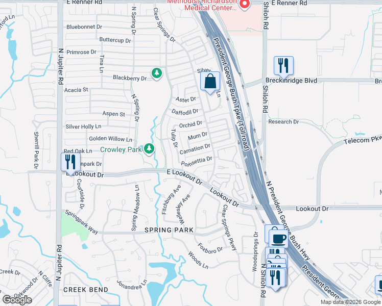 map of restaurants, bars, coffee shops, grocery stores, and more near 2612 Tulip Drive in Richardson