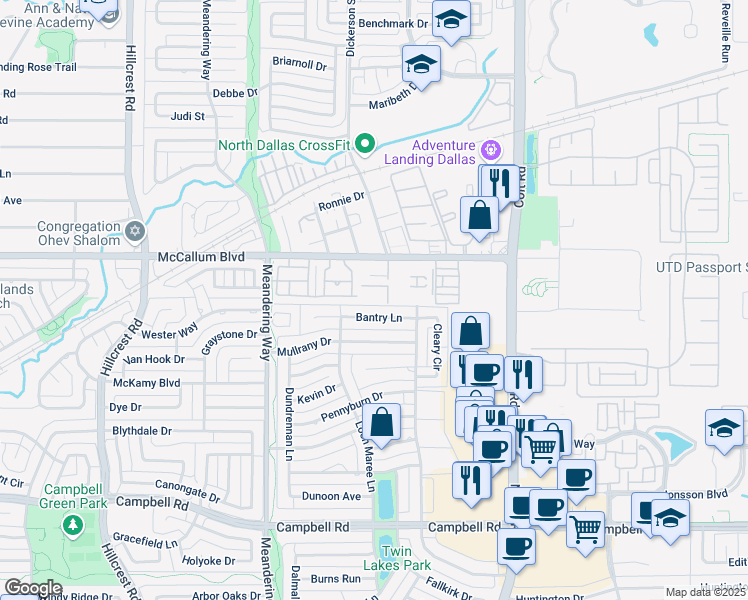 map of restaurants, bars, coffee shops, grocery stores, and more near 7723 Bantry Lane in Dallas