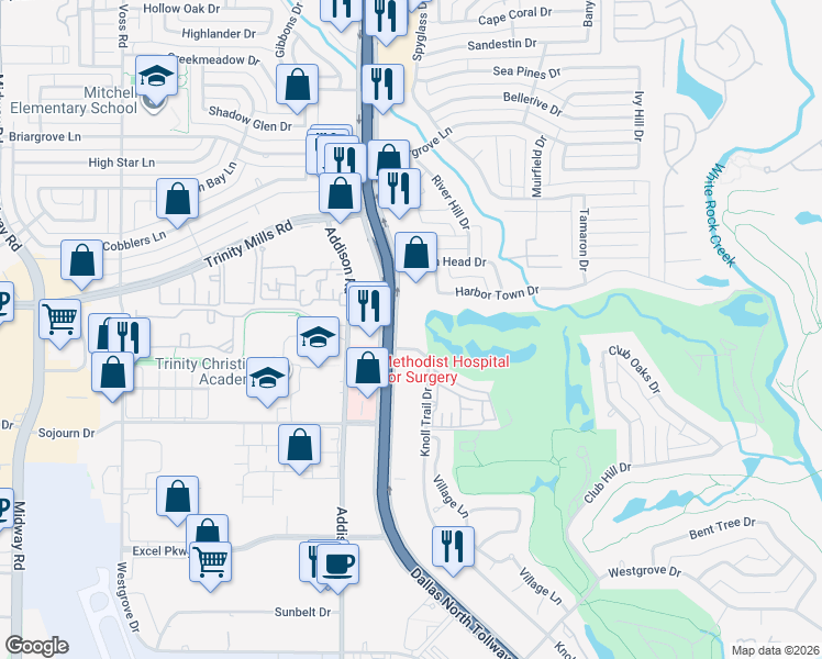 map of restaurants, bars, coffee shops, grocery stores, and more near 17300 Dallas Parkway in Dallas