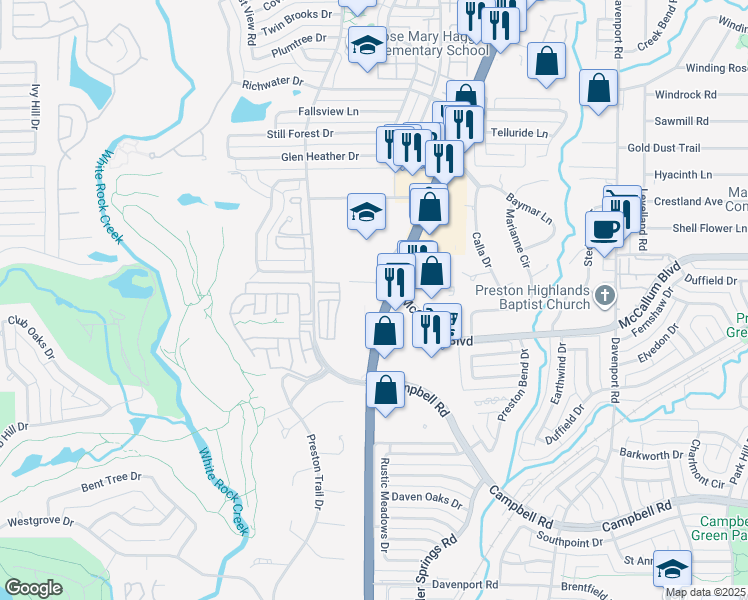 map of restaurants, bars, coffee shops, grocery stores, and more near 17177 Preston Road in Dallas
