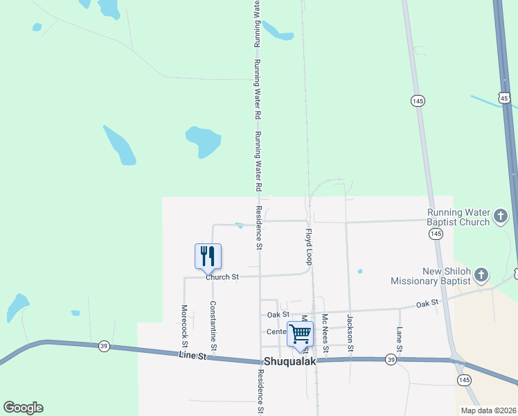 map of restaurants, bars, coffee shops, grocery stores, and more near 801 Residence Street in Shuqualak