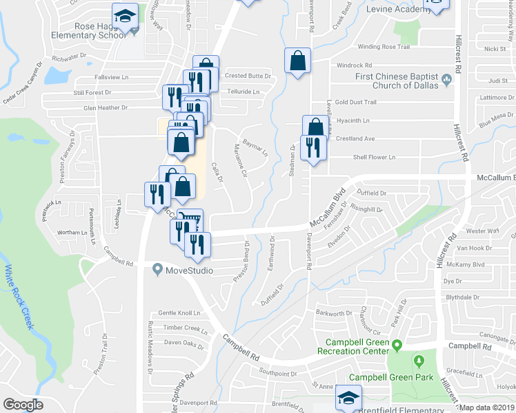 map of restaurants, bars, coffee shops, grocery stores, and more near 17328 Marianne Circle in Dallas