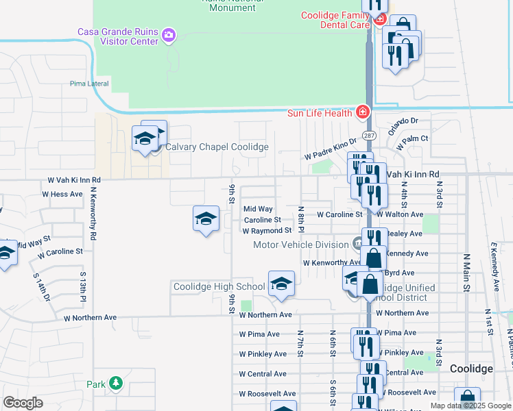 map of restaurants, bars, coffee shops, grocery stores, and more near 812 Mid Way in Coolidge