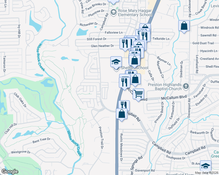 map of restaurants, bars, coffee shops, grocery stores, and more near 17238 Lechlade Lane in Dallas