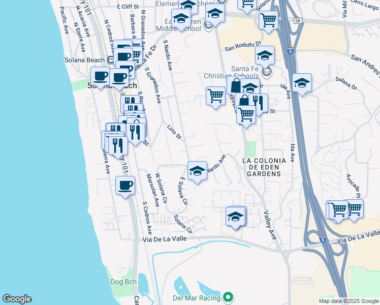 map of restaurants, bars, coffee shops, grocery stores, and more near 618 Nardito Lane in Solana Beach