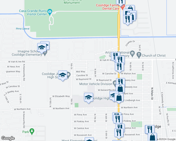map of restaurants, bars, coffee shops, grocery stores, and more near 825 Country Village Lane in Coolidge