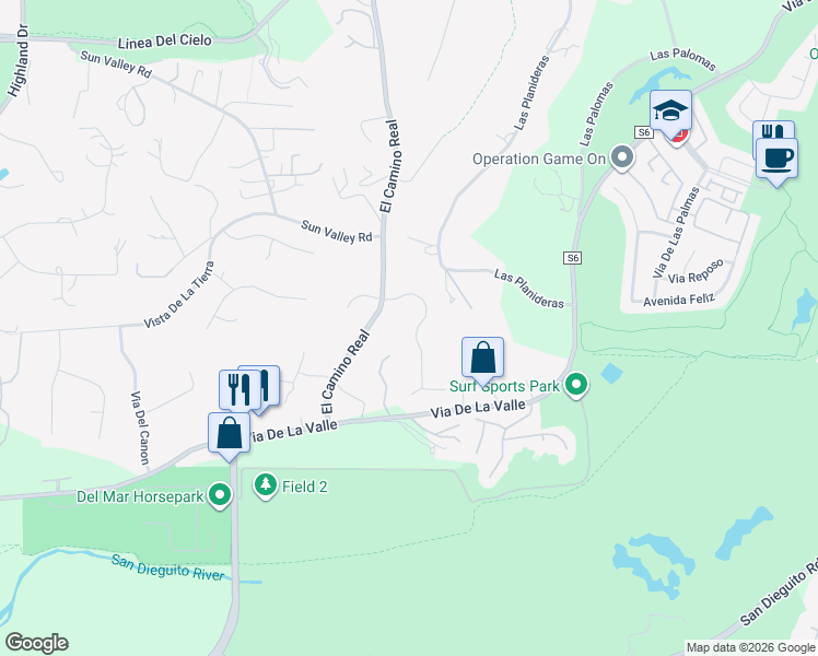 map of restaurants, bars, coffee shops, grocery stores, and more near 14954 Rancho Real in Del Mar