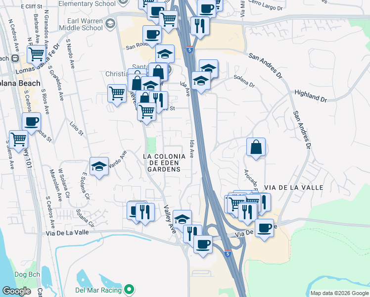 map of restaurants, bars, coffee shops, grocery stores, and more near 708 Castro Street in Solana Beach