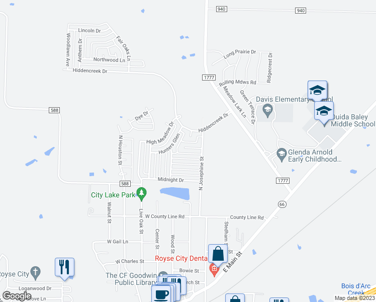 map of restaurants, bars, coffee shops, grocery stores, and more near 219 Regal Court in Royse City