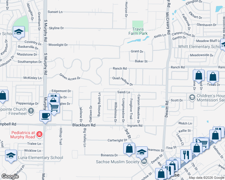 map of restaurants, bars, coffee shops, grocery stores, and more near 2003 Sandi Lane in Sachse