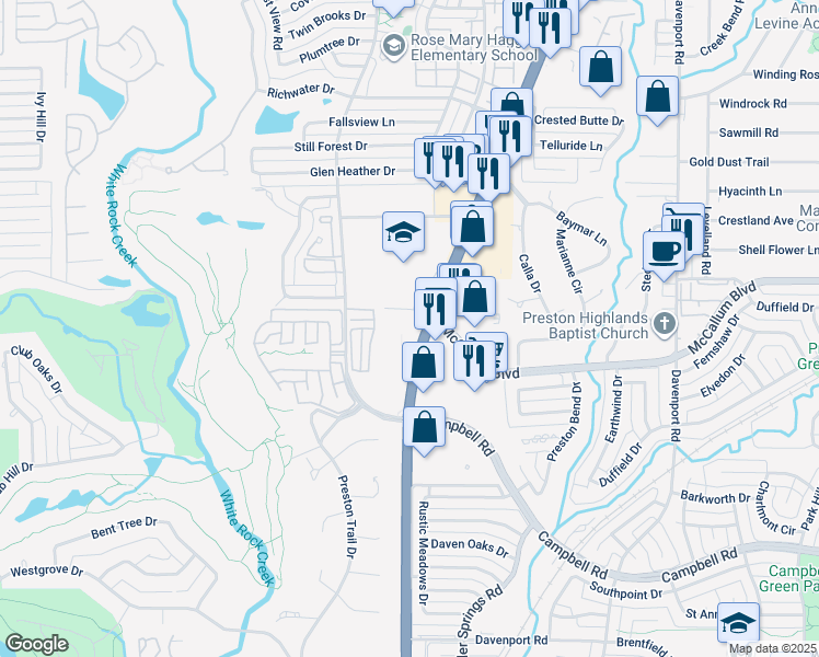 map of restaurants, bars, coffee shops, grocery stores, and more near 17177 Texas 289 in Dallas