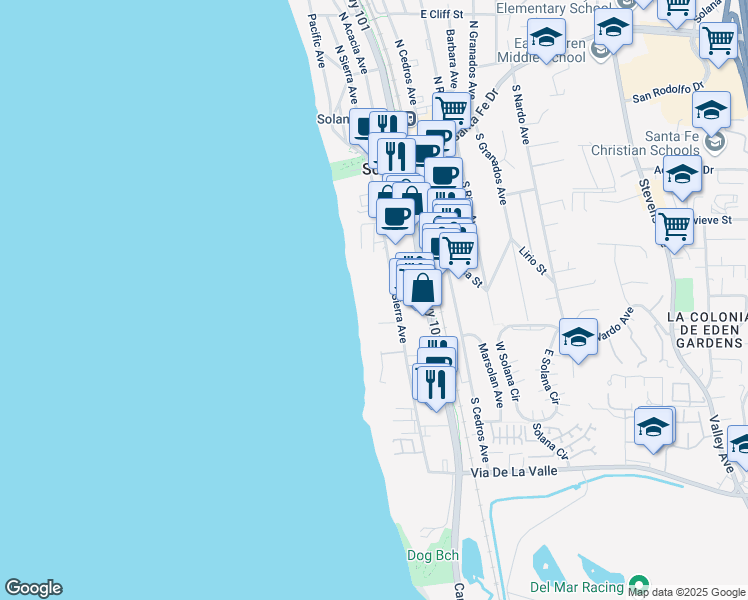 map of restaurants, bars, coffee shops, grocery stores, and more near 429 South Sierra Avenue in Solana Beach
