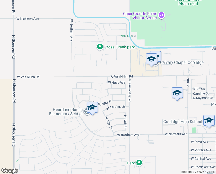 map of restaurants, bars, coffee shops, grocery stores, and more near 1422 Shannon Way in Coolidge