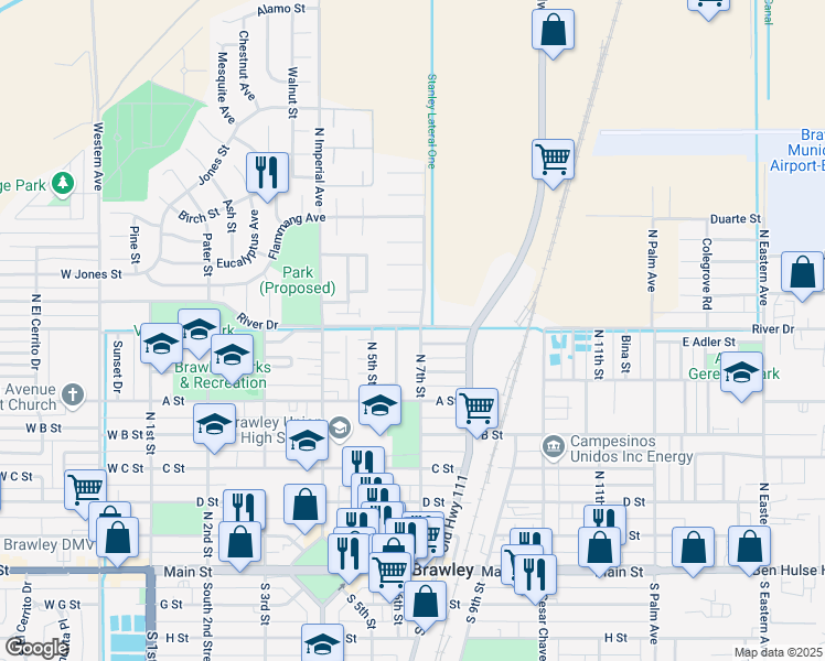 map of restaurants, bars, coffee shops, grocery stores, and more near 699 River Drive in Brawley