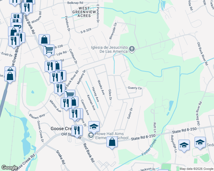 map of restaurants, bars, coffee shops, grocery stores, and more near 121 Weeks Avenue in Goose Creek