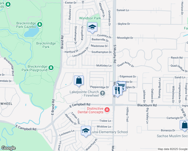 map of restaurants, bars, coffee shops, grocery stores, and more near 5709 Eaglebend Drive in Richardson