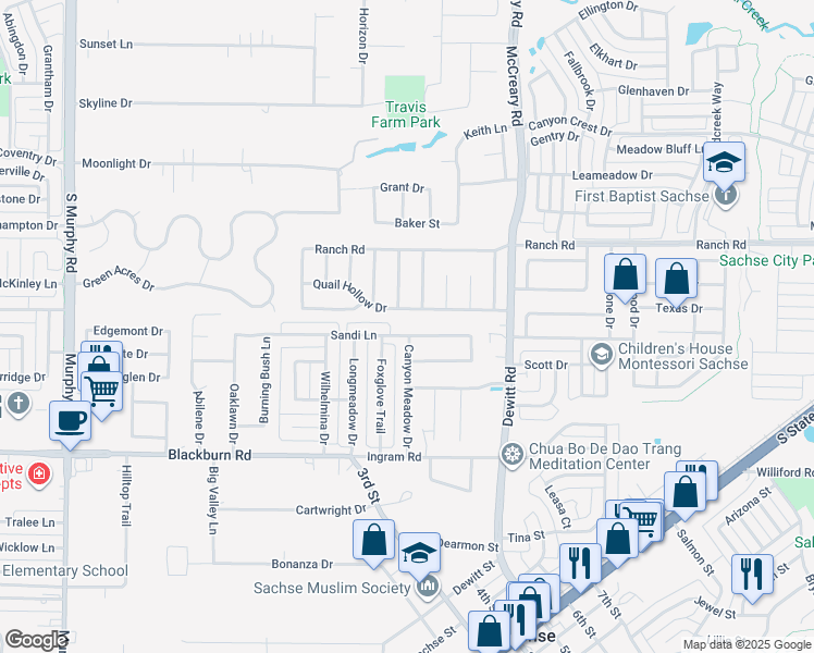 map of restaurants, bars, coffee shops, grocery stores, and more near 2309 Sandi Lane in Sachse