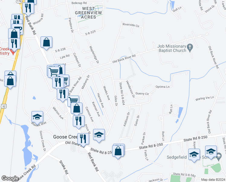 map of restaurants, bars, coffee shops, grocery stores, and more near 148 Giles Drive in Goose Creek