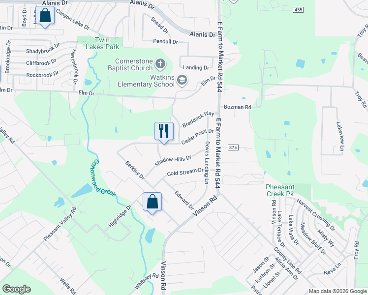 map of restaurants, bars, coffee shops, grocery stores, and more near 1212 Cedar Point Drive in Wylie