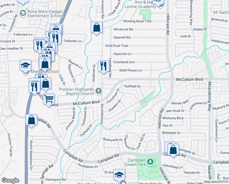 map of restaurants, bars, coffee shops, grocery stores, and more near 6705 Fernshaw Drive in Dallas