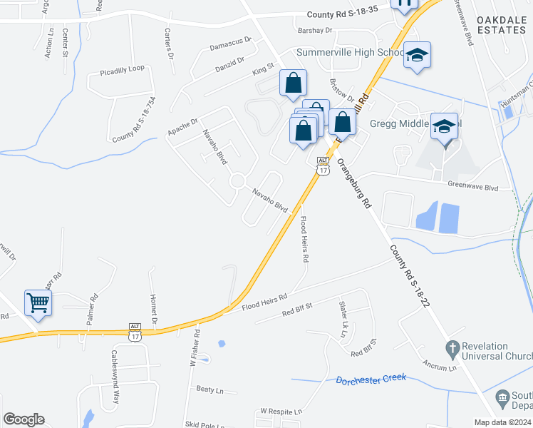 map of restaurants, bars, coffee shops, grocery stores, and more near 232 Mohican Circle in Summerville