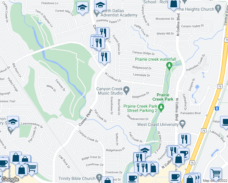 map of restaurants, bars, coffee shops, grocery stores, and more near 2508 Grandview Drive in Richardson