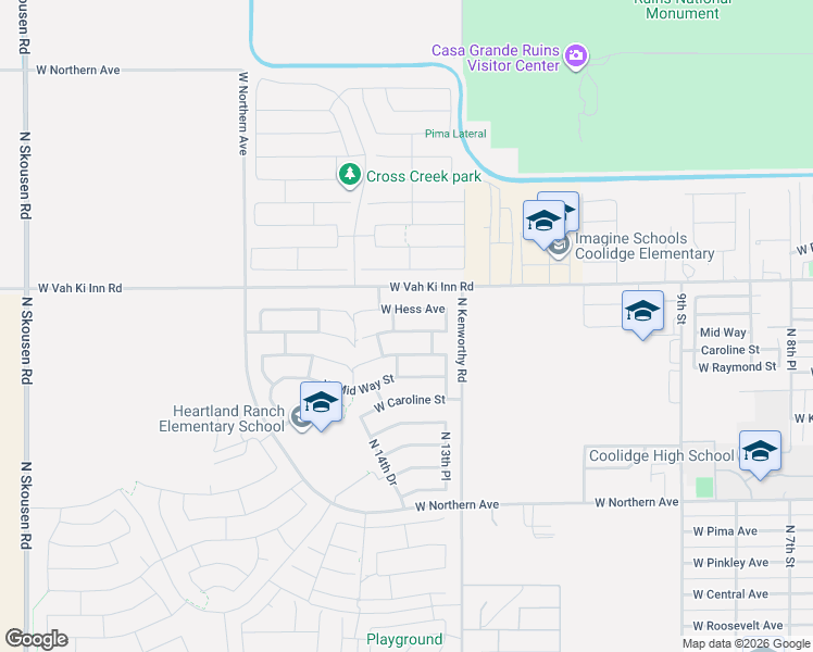 map of restaurants, bars, coffee shops, grocery stores, and more near 1338 Shannon Way in Coolidge