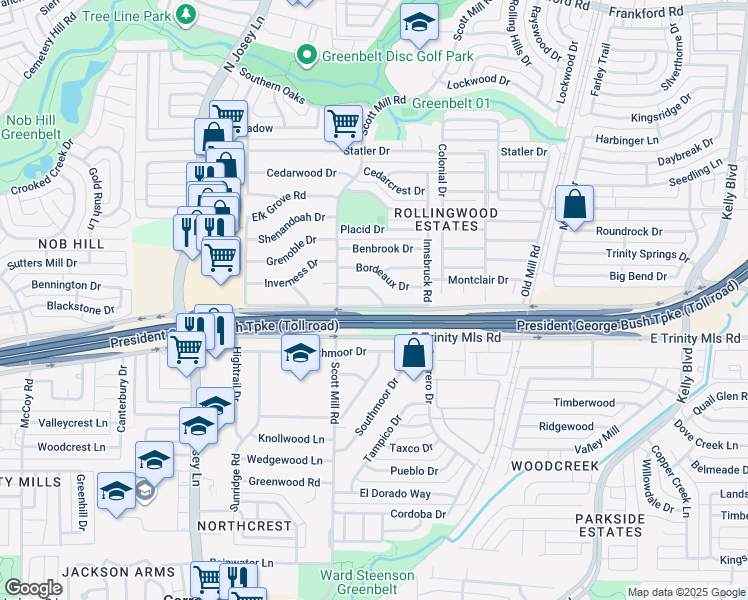 map of restaurants, bars, coffee shops, grocery stores, and more near 2119 Argonne Drive in Carrollton