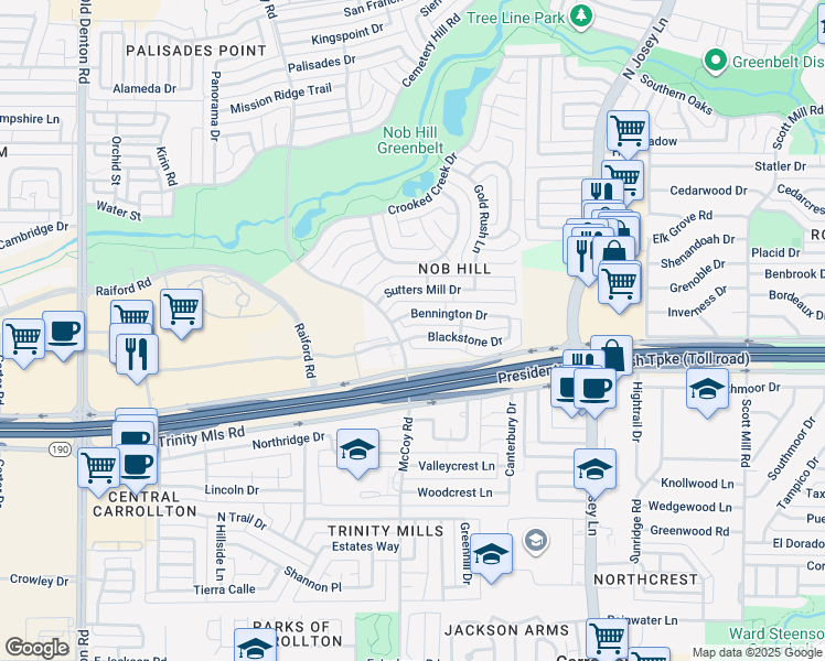 map of restaurants, bars, coffee shops, grocery stores, and more near 1613 Blackstone Drive in Carrollton