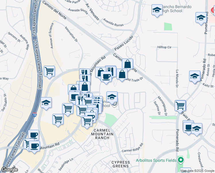 map of restaurants, bars, coffee shops, grocery stores, and more near 12225 World Trade Drive in San Diego