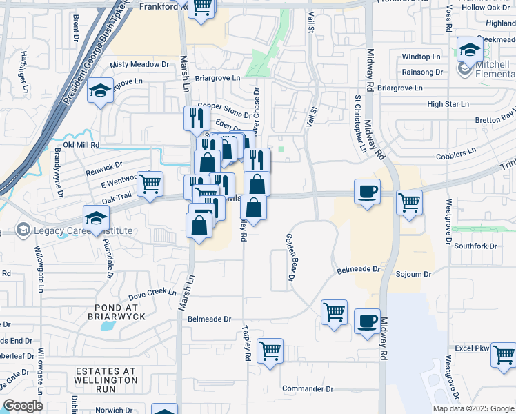 map of restaurants, bars, coffee shops, grocery stores, and more near 2910 East Trinity Mills Road in Carrollton
