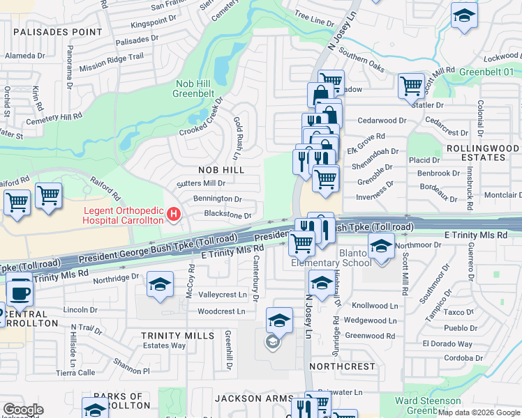 map of restaurants, bars, coffee shops, grocery stores, and more near 1756 Blackstone Drive in Carrollton