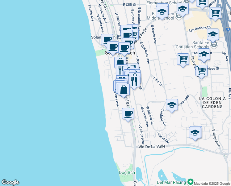 map of restaurants, bars, coffee shops, grocery stores, and more near 437 Highway 101 in Solana Beach
