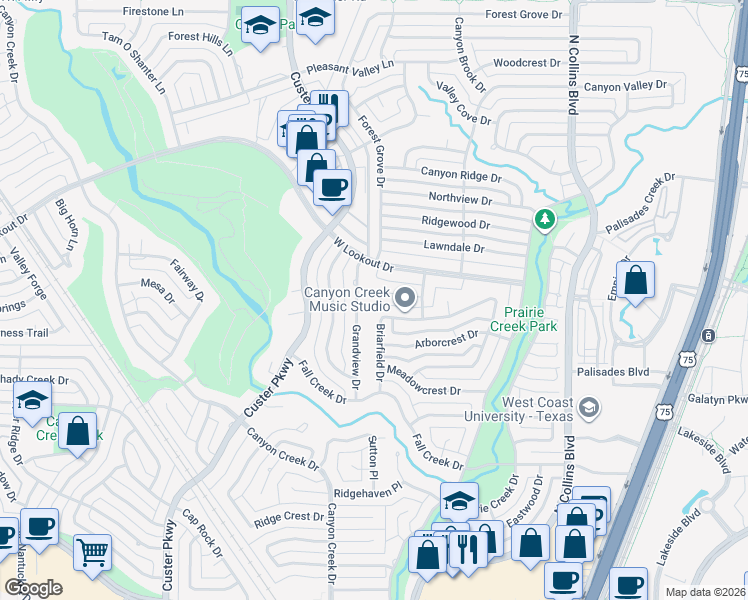 map of restaurants, bars, coffee shops, grocery stores, and more near 2508 Grandview Drive in Richardson