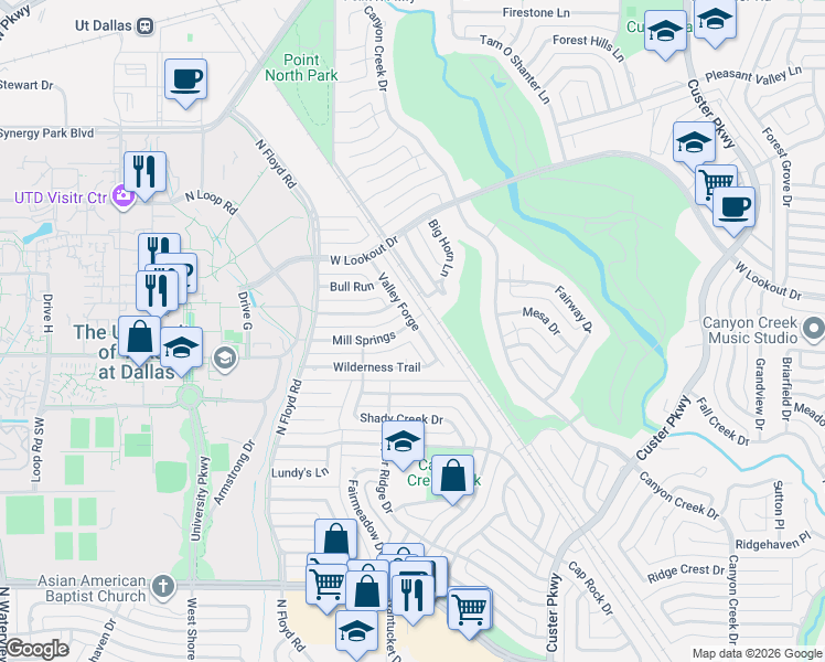 map of restaurants, bars, coffee shops, grocery stores, and more near 1109 Mill Springs in Richardson