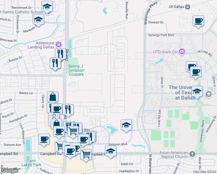 map of restaurants, bars, coffee shops, grocery stores, and more near Texas A and M University in Richardson