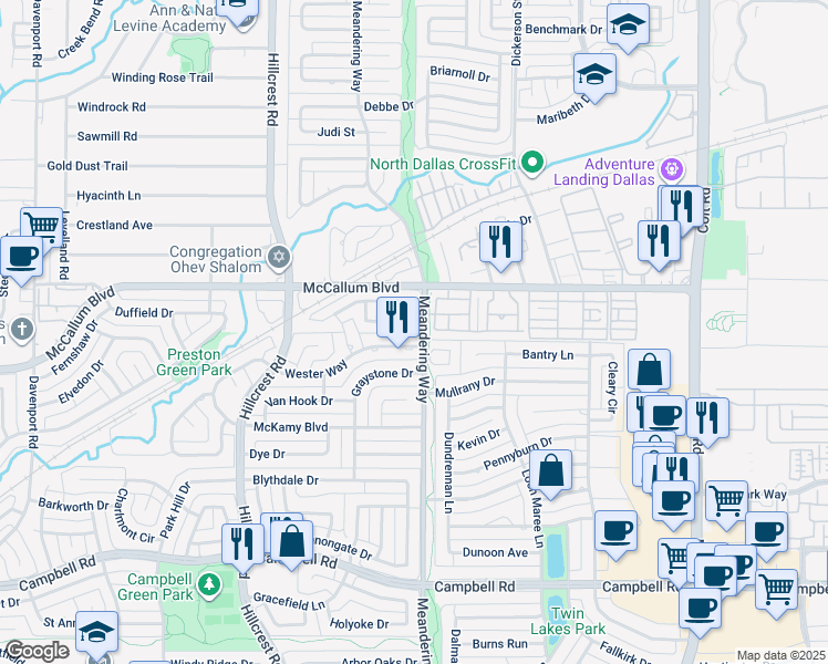 map of restaurants, bars, coffee shops, grocery stores, and more near 7358 Highland Glen Trail in Dallas