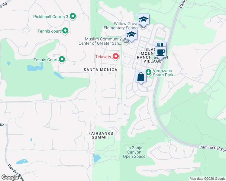 map of restaurants, bars, coffee shops, grocery stores, and more near 7489 La Mantanza in San Diego