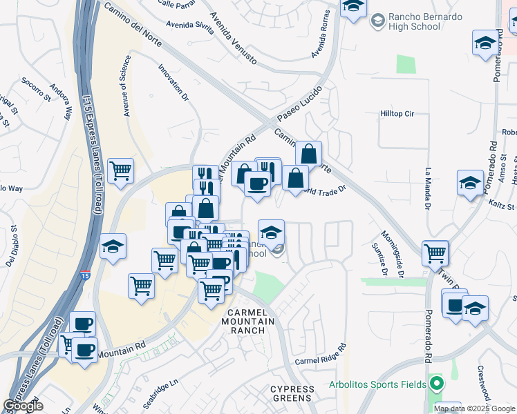 map of restaurants, bars, coffee shops, grocery stores, and more near 12205 World Trade Drive in San Diego