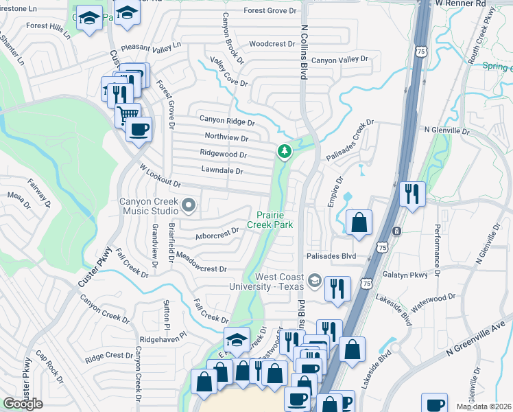 map of restaurants, bars, coffee shops, grocery stores, and more near 2508 Overcreek Drive in Richardson