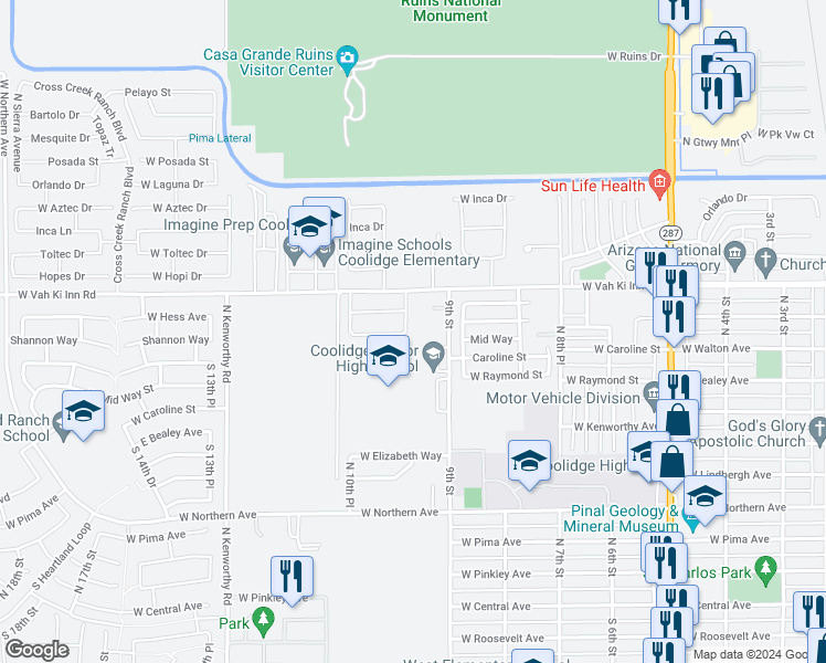 map of restaurants, bars, coffee shops, grocery stores, and more near 971 9th Street in Coolidge