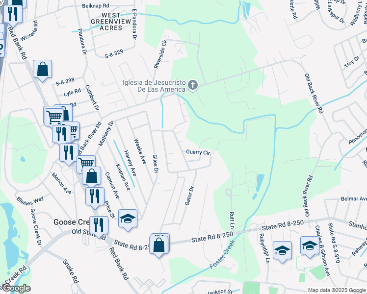 map of restaurants, bars, coffee shops, grocery stores, and more near 12 Henderson Drive in Goose Creek
