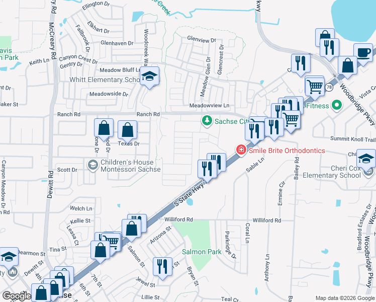 map of restaurants, bars, coffee shops, grocery stores, and more near 6910 Texas 78 in Sachse