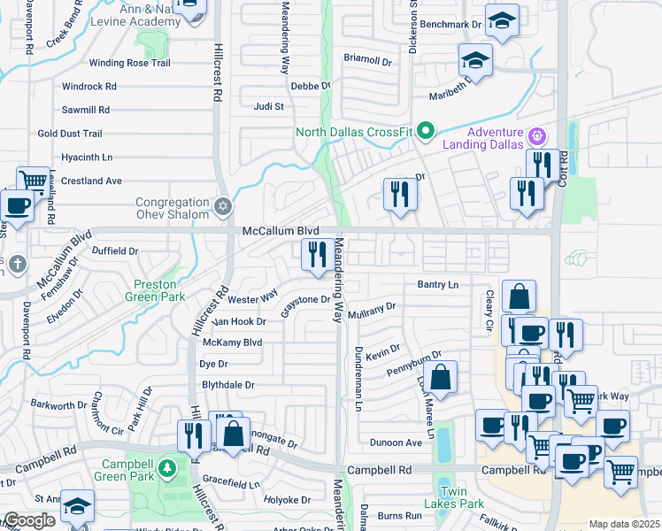 map of restaurants, bars, coffee shops, grocery stores, and more near 7358 Highland Glen Trail in Dallas