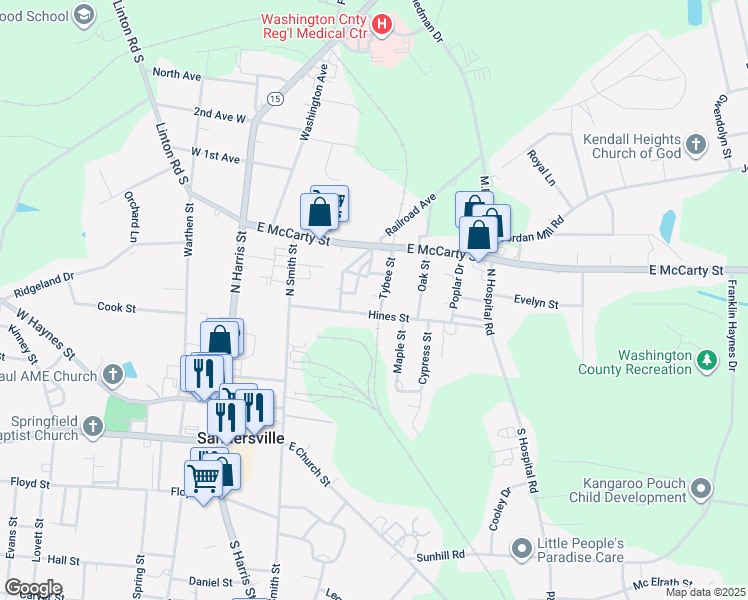 map of restaurants, bars, coffee shops, grocery stores, and more near 305 Tybee Street in Sandersville