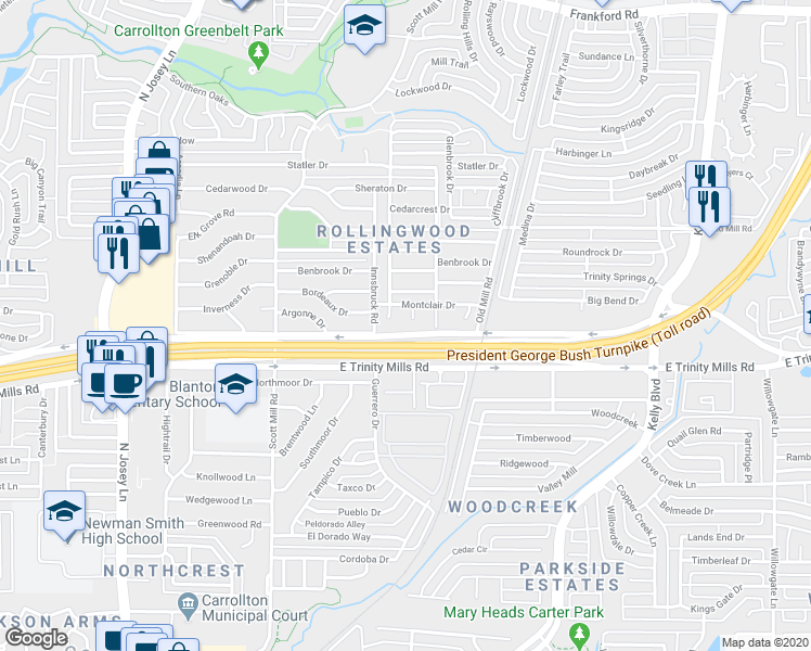 map of restaurants, bars, coffee shops, grocery stores, and more near 2228 Montclair Place in Carrollton